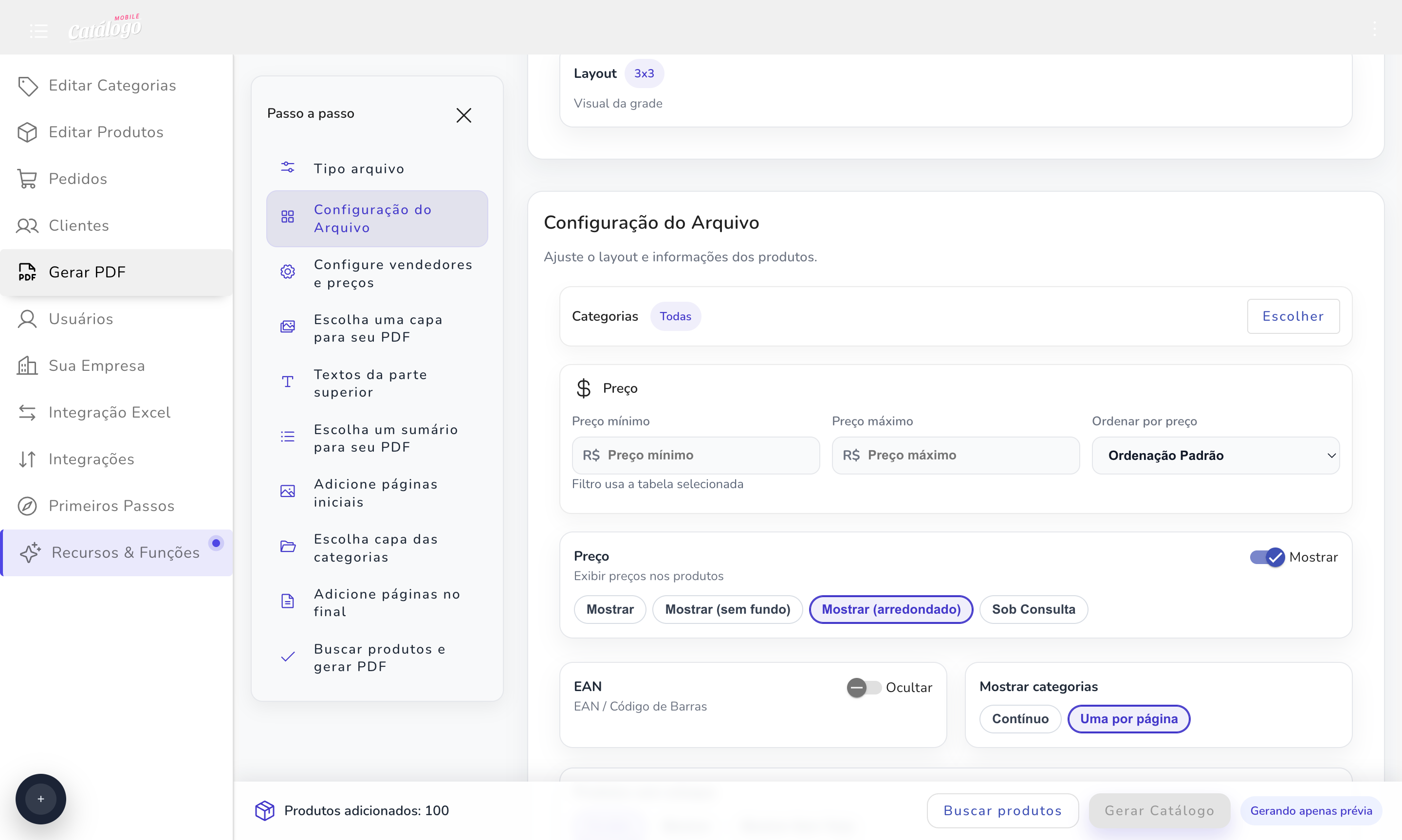 Tela de configuração do arquivo com filtros de categoria, preço e opções de exibição.