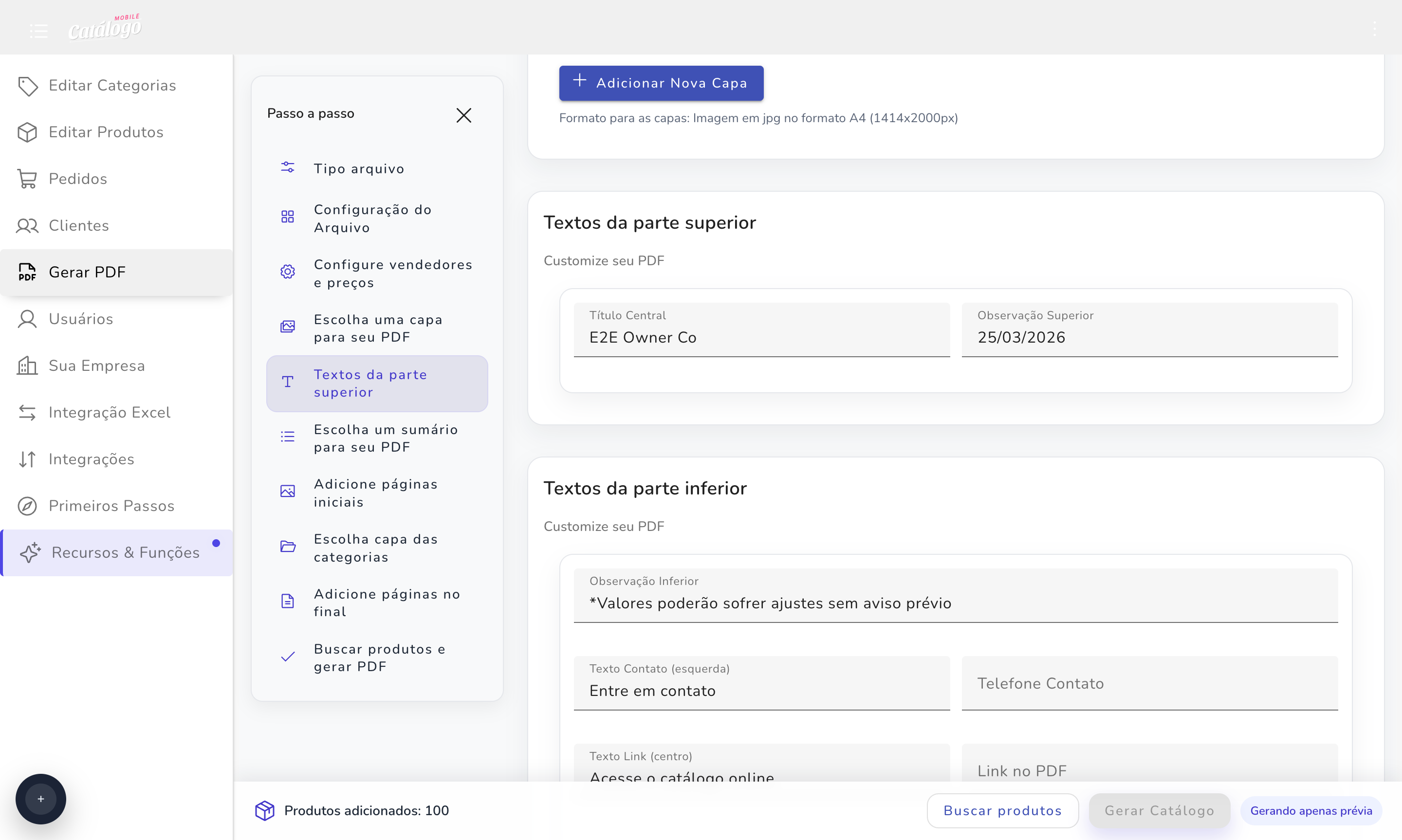 Tela de personalização com campos de título, observações e informações de contato do PDF.