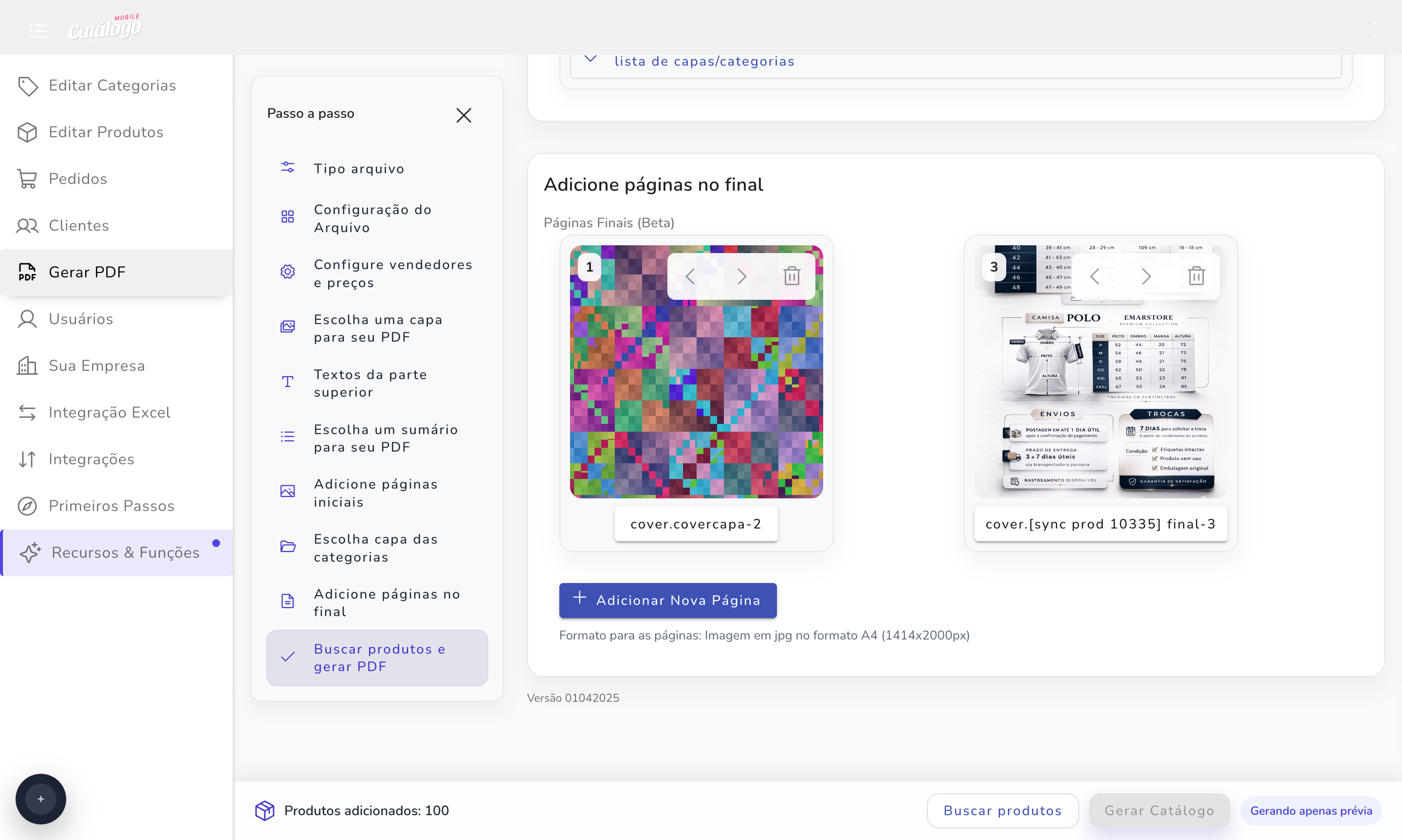 Etapa final da geração de PDF com a barra inferior de busca de produtos e geração do catálogo.